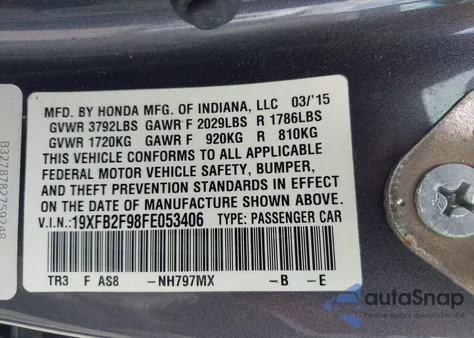 2015 Honda Civic Ex-L from USA, damaged, VIN 19XFB2F98FE053406
